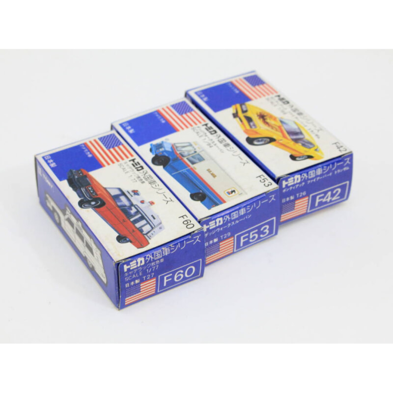 トミカ TOMICA ■ [F42 ファイヤーバード トランザム 1/68] [F53 ダッジウォークスルーバン 1/84] [F60 キャデラック救急車 1/77] 3点セット 外国車シリーズの画像1