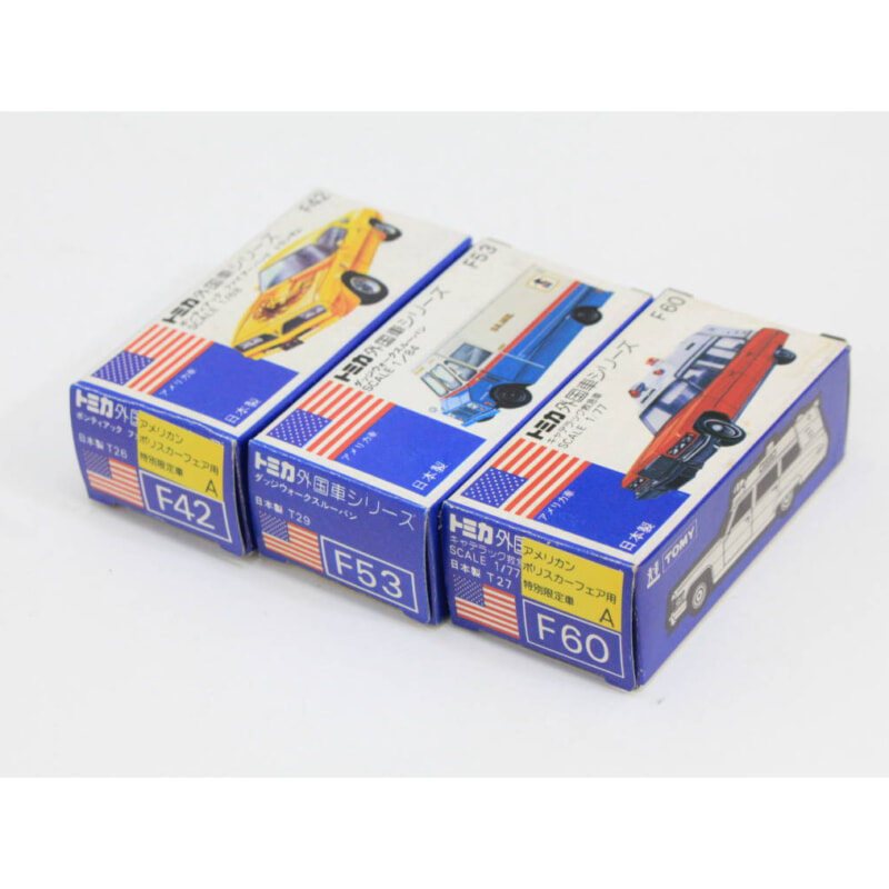 トミカ TOMICA ■ [F42 ファイヤーバード トランザム 1/68] [F53 ダッジウォークスルーバン 1/84] [F60 キャデラック救急車 1/77] 3点セット 外国車シリーズの画像1